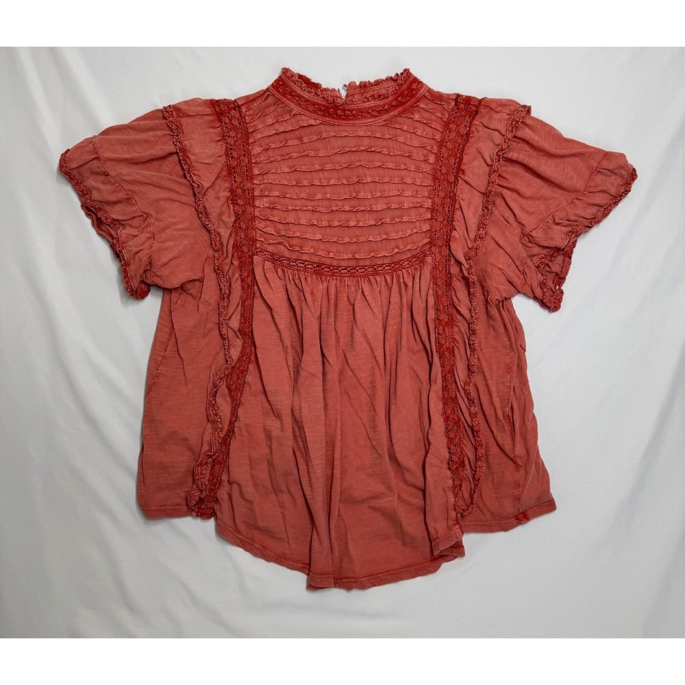 Free People Le Femme Flutter Tee Terracotta Coral Ruffle Lace Cotton Shirt Small